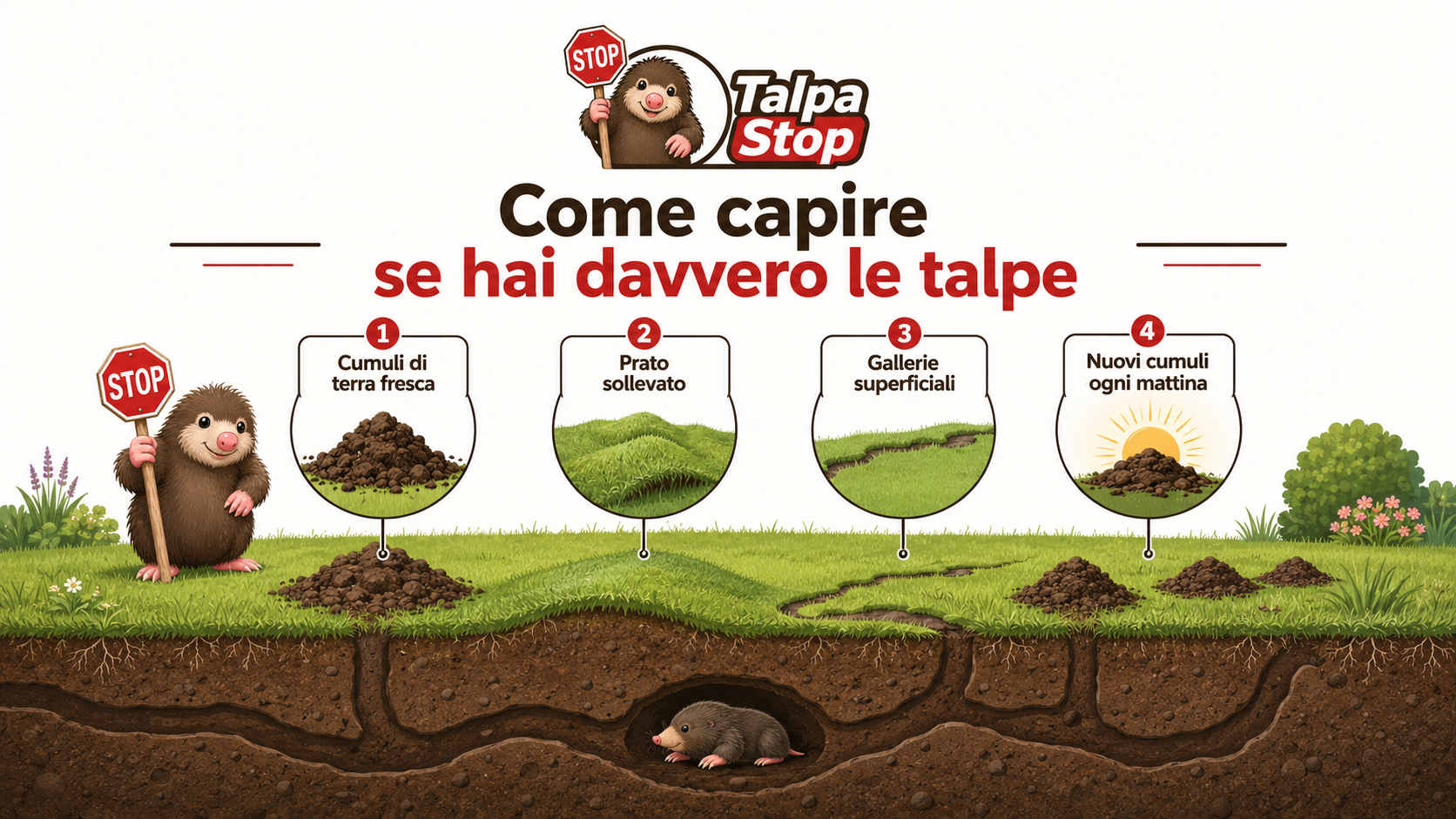 Esempio visivo dei segnali tipici della presenza di talpe: cumuli di terra fresca, prato sollevato, gallerie superficiali e nuovi cumuli ogni mattina.